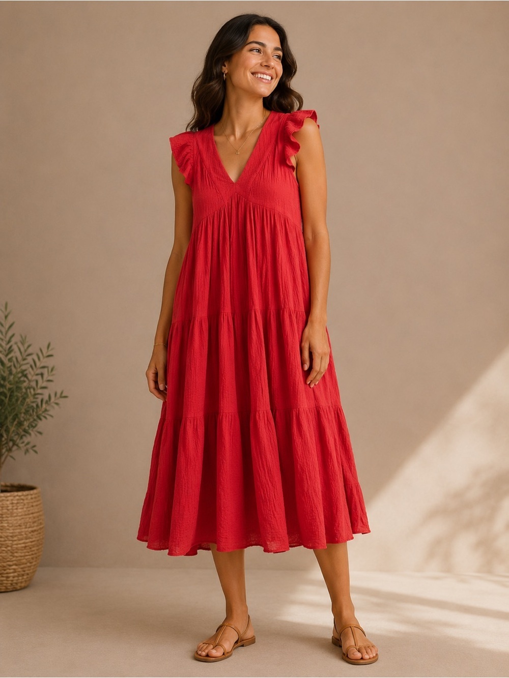 Umgee Red V-Neck Tiered Midi Dress with Ruffle Cap Sleeves Size S